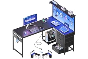 Coleshome Biurko do gier z diodami LED, odwracalny stół do gier 130 x 100 cm z szufladami i gniazdami na prąd, biurko narożne z schowkiem, czarny karbonowy
