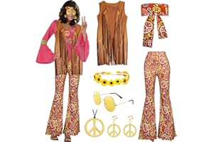Pianocean Disfraz Hippie Mujer, Disfraz Hippie Adulto años 60 70, Mujer Disfraz Hippie con Pendientes, Collar y Diadema Floral, Carnaval Mujer Disfraz para Fiestas