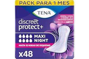 TENA Discreet Protect+ Maxi Night x48: Compresas Nocturnas para Mujeres - Máxima Protección y Confort al Acostarse, y Absorción con InstaDRY™ - Paquete Mensual de 48 unidades (6x8)