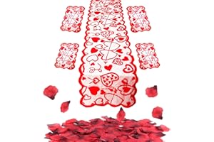 FEPITO 505Pcs Valentines Day Decoration Set Includes Red Heart Table Runner Table Placemats and Red Silk Rose Petals for Valentine’s Day Wedding Bachelorette Party Mother's Day