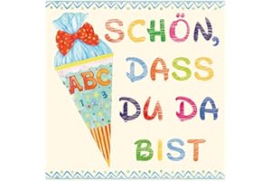 ‎SERVIETTENSHOP 20 Servietten Einschulung Deko Junge mit Spruch Schön, dass Du da bist in beige und blau. Servietten Schulanfang Schulkind zur Schuleinführung Tischdeko 33x33cm