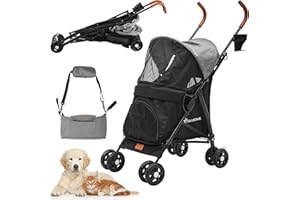 YITAHOME Cochecito para Mascotas Plegable, Carrito para Perros Desmontable con Ventanas de Malla para Perros Gatos Pequeñitos, Carga 11.3 kg, con Cinturón de Seguridad, Cojínes y Bolsa (Gris Negro)