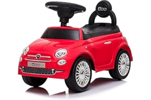 SUN BABY Macchinina bambino a partire dai 12 mesi di età, cavalcabile bambino, Fiat 500, auto per bambini, aiuto per imparare a camminare con suoni, Volante con clacson e suoni del motore (Rosso)