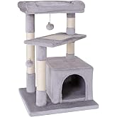 Lionto Tree Scratching Post with Cave, Bed and 2 Balls, 75 cm, Light Grey | Large surface scratcher with cave and sisal for c