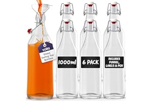 volila Glass Bottles with Stoppers - 1000ml Clear Swing Top Bottle for Homebrewing and Beverages - 1L Flip Top Bottles with Leak Proof Caps, Labels, Pen and Funnel (6 Pack)