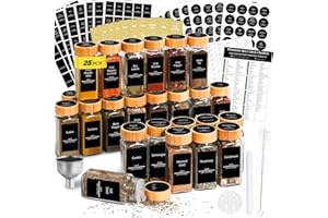 BATHOLA Bamboo Lid Spice Jars 25Pcs with 512 Spice Labels, 120ml Square Spice Storage, Spice Jars with Lids and Labels, Chalk Stiff, Funnel and Brush (Black Round & Black Rectangle Labels)