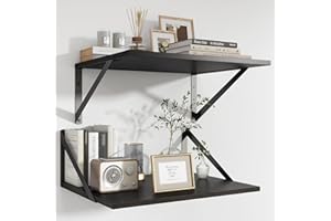 FEIHORRM Black Floating Shelves for Wall, 16W x 12D Deep Wood Wall Shelves Set of 2, Wide Floating Bookshelf for Living Room, Kitchen, Office, Bedroom, Laundry Room Storage & Decoration with Metal Bracket