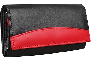 STARHIDE Ladies Purse, RFID Protected Women's Wallet, Genuine Soft Real Leather Card Holder, Id Pocket Long Flap Over Purse, Antitheft Security Wallet 370 Black Red