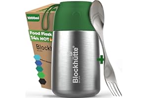 Blockhütte Pojemnik termiczny ze stali nierdzewnej, 1 l, pojemnik utrzymujący ciepło żywności, szczelny, z łyżeczką, dla dzieci i dorosłych, pojemnik termiczny na potrawy, ciemnozielony