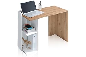 HABITDESIGN Mesa de Estudio Reversible con Estantes, Escritorio, Sistema de Almacenaje, Modelo Kenia, Acabado en Color Roble Nodi y Blanco Artik, Medidas: 100 cm (Largo) x 78 cm (Alto) x 52 cm (Fondo)