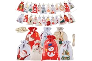 YSWOVUO Calendario Avvento Fai da te 2024, 24 Calendario Avvento da Riempire, Avvento Calendario da Riempire Borse Stoffa Coulisse Natalizie, Sacchetti Avvento con Clip e 10m Corda di Canapa