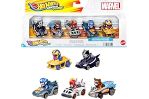 Hot Wheels RacerVerse Conjunto de 5 coches de juguete metálicos de Marvel optimizados para su uso en pistas de Hot Wheels, con personajes populares de Marvel como pilotos, regalo para fans, HPN40