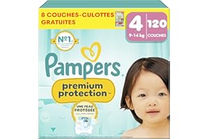 Pampers Premium Protection Taille 4, 120 Couches, Double Protection Pour La Peau Et Contre Les Fuites + 8 couches-culottes gratuites