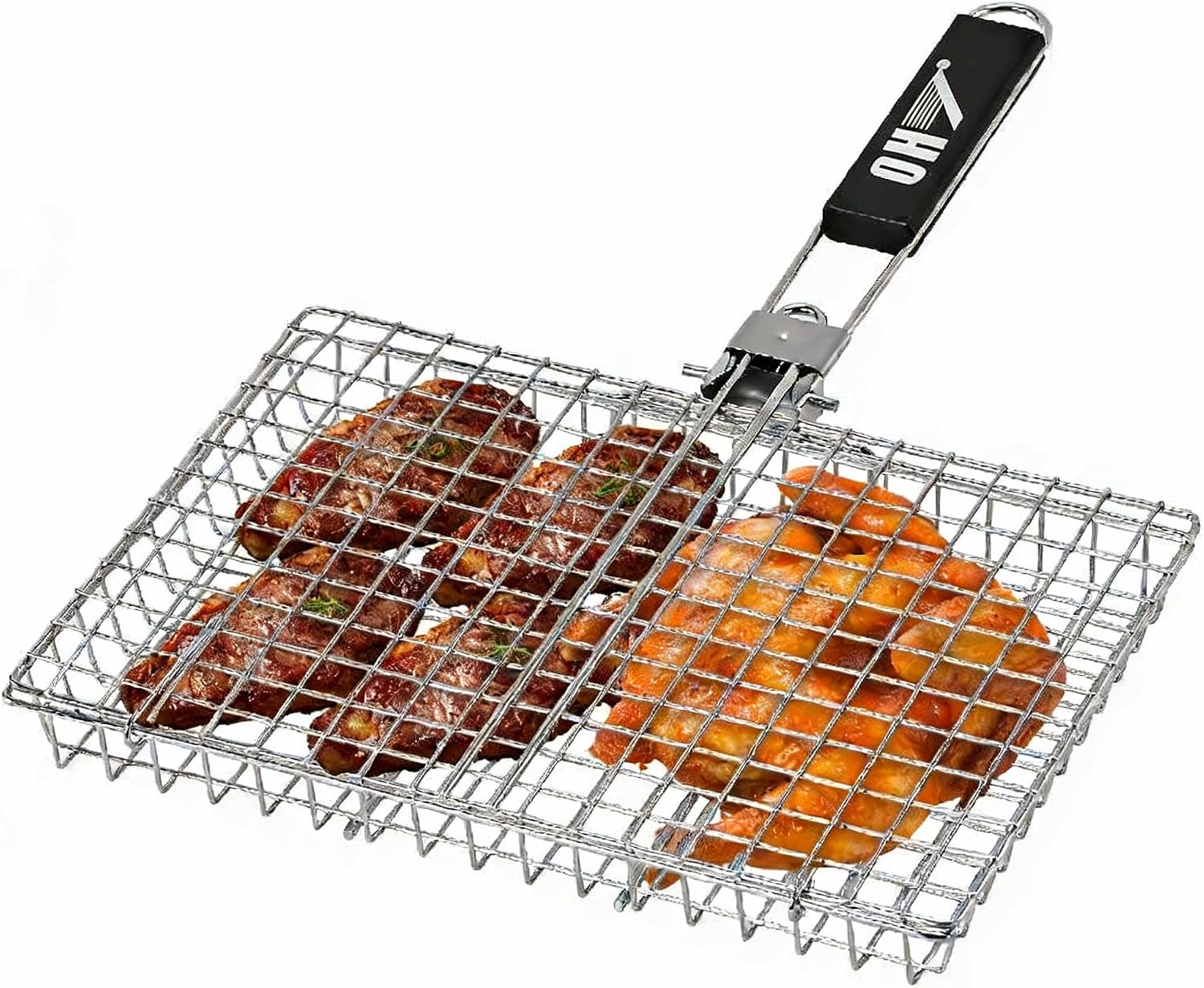 QH7 Cesta de Cocción de Acero Inoxidable para Barbacoa, Parrilla Plegable Portátil con Asa Extraíble, Malla Antiadherente para Pescado, Verduras, Gambas