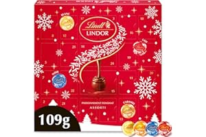 Lindt - Calendrier de l'Avent LINDOR - Assortiment de Chocolats au Lait, Noirs Blancs, Caramel - Idéal pour Noël, 109g