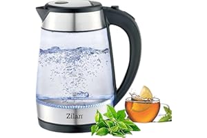 ZILAN Bollitore in vetro con luce a LED, Cordless, Alloggiamento a Doppia Parete, Protezione contro l'Ebollizione a Secco, 2200 Watt