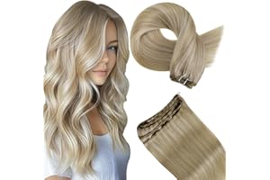 Hetto Weft Hair Extensions Real Human Hair Highlight Ash Blonde with Golden Blonde Sew in Double Weft Weave Extensions Straight 22 Inch 100g/Pack #17/23