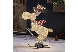 Lights4fun 50er LED Elch skifahrender Elch Weihnachtselch Weihnachtsbeleuchtung Außen Weihnachtsfigur mit Timer Figur innen und außen Weihnachtsdeko Outdoor