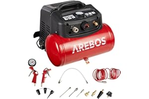 Arebos 6L Compresseur d'air 1200W | incl. 13 pieces d'outils pneumatiques | Arrêt automatique | Tuyau d'air extra long | Sans huile | Compresseur d'air 8 bar