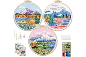 WIVLAX 3 Pack Embroidery Kit for Adults Beginners, DIY Mountain Landscape Pattern Stitch Craft Set with Hoop, Thread & Needles, Hand Embroidery Starter Kit for Women Teens, Ideal Sewing Gift Idea