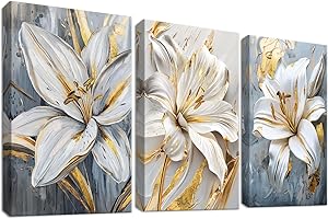HALFLEMART Set of 3 Cadre en Bois Impression sur Toile Fleurs de Lys Gris Blanc Tableau Image sur Toile Étamines dorées Beige Floral Peinture Tableau Decoration Murale Salon Chambre Salle de Bain 30x40cm x 3pcs