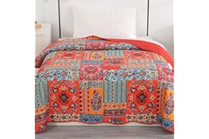 Qucover Narzuta 90,Narzuta 150x200cm Patchwork Etniczny Bawełna i Miękka Mikrofibra,Wielokolorowy Odwracalny Koc Sofa Łóżko 90