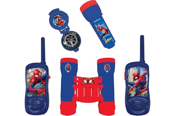 Lexibook, Spider-Man, Set d'aventurier Complet pour Enfant, Talkies-Walkies 120m, Jumelles, Lampe-Torche, Boussole, Bleu/Rouge, RPTW12SP