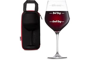 diVinto Copa de vino Gigante Who cares con Funda para llevar, Copa de vino regalo XXL 860 ml, Good Day Bad Day