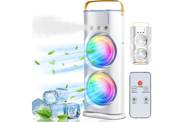 Zemic Portable Double Ended Spray Fan, Cold Air, 3 Gears USB Rechargeable Mini AC Air Cooler Misting Fans with LED Light Cooler, Touch & Remote Control, 280ml Water Tank, Ice Filling Fan (Multy)