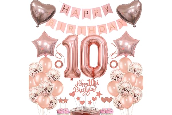 Décoration 10e Anniversaire Fille - Gâteau, Cadeau et Ballons Rose Or