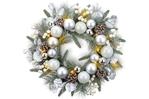 YULETIME 20-inch Christmas Wreath, Battery Operated Holiday Wreath with 20 Fairy Lights, Baubles, Berries, Pine Cones, Leaves, Frosted Spruce Branches and Pine Needles (Silver)