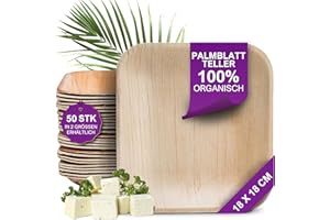 ‎WAIPUR Waipur Organic Palm Leaf Tableware - Pack of 50 Square 18 x 18 cm - Premium Disposable Plates Compostable - Environmentally Friendly Party Tableware - Similar Disposable Bamboo Plates