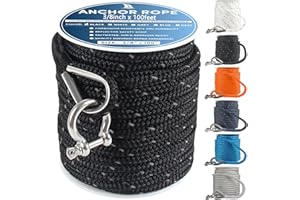 VEITHI Premium Anchor Rope 100 ft x 3/8 inch, Double Braided Nylon Anchor Line Boat Rope Marine Rope,Boat Anchor Rope with Thimble & Shackle & Reflective Strip - Braided Anchor Rope Black