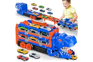 BLMUKCE Dinosaur Toys for 2 3 4 5 Year Old Boys Girls, Race Track Truck Carrier with 12 Die-Cast Cars, 59-Inches Foldable Transporter Toy Set, Kids Birthday for Boys Age 3-6