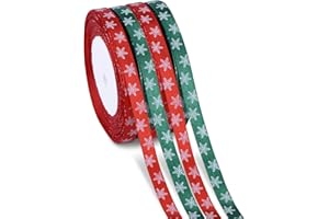 KIIWAH 100m 4 Rollo Cintas de Satén de Copo de Nieve para Decoraciones de Navidad, Envoltura de Regalos, Árbol (Rojo, Verde)