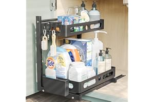 NETEL Organizer do Szafki Pod Zlew, 2-Poziomowa Półka Pod Zlewem, Stojak na Zlew Kuchenny, Stojak na Przyprawy, Wysuwana Półka Kuchenna do Kuchni/Łazienki, Regulacja Wysokości, Czarny