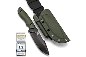 ‎WOLFGANGS ODENWOLF Outdoor-Messer AMBULO mit Kydex Holster - Edles Jagdmesser aus einem Stück D2 Stahl gefertigt - DAS Bushcraft Messer - Perfektes Survival Messer (Grün - Stonewash)