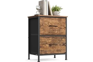 SONGMICS Bedside Table with 2 Non-Woven Fabric Drawers, Steel, MDF, for Bedroom, Side Table, Rustic Brown and Ink Black LGS312BH04