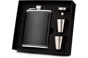 FASTDEPLE Fiaschetta Tascabile 224ml, Portatile Fiaschetta in Acciaio Inox Fiaschetta, Fiaschetta in Acciaio Inox Nero, fiaschetta per liquori, con 2 Tazze e 1 Imbuto per Bar, Campeggio, Picnic