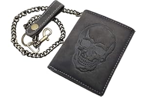 MYLEDERSHOP Cuero de búfalo Motero Monedero con Cadena metálica con Calavera Motivo con Bloqueo RFID y NFC (Gris Vintage)