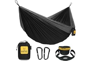 ‎WISE OWL OUTFITTERS Wise Owl Outfitters Hängematte - Outdoor Hängematte für 1 Person - Ultraleichte Reisehängematte - Belastbar bis 180 kg - Camping Zubehör - Inkl. Aufhängung u. Karabiner (Schwarz und Grau)