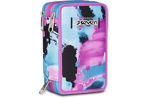 Seven Astuccio Scuola 3 Zip, Azzurro Fucsia, Portapenne Triplo Scomparto Completo Di Penne, Matite, Colori, Accessori Zaino, Scuola Elementare, Bambina