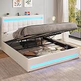 AOGLLATI Double Beds 180x200cm with Hydraulic Storage, Divan Bed with Adjustable Headboard, Bed Frame with LED Lights and Cha