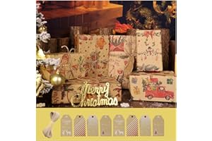 ZY-HUAN Papier d'emballage de Noël 70x50cm, Papier Cadeaux de Noel Recyclable avec Ruban et Etiquettes pour décoration de fête (Brun)
