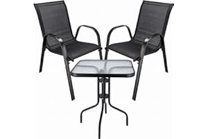 JUMI Praktischer Gartentisch Fiesta - 60 x 70 x 60 cm, Rechteckig Balkontisch Klappbar Mit Zwei Gartenstühlen, Glasplatte, Metallbeine, UV-beständiges Material - Schwarzer Tisch, Schwarze Stühle