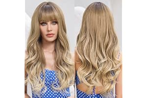 EMMOR Ombre Ash peluca de mujer rubia peluca rizada con flequillo peluca larga resistente al calor peluca sintética estilo natural diario