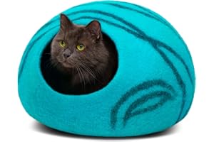 MEOWFIA Cueva de cama para gatos de fieltro premium - Cama hecha a mano 100% lana merina para gatos y gatitos (tonos claros) (grande, turquesa vibrante)