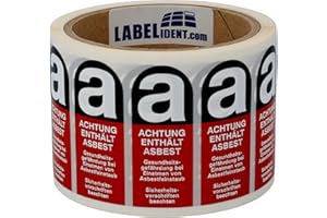 LABELIDENT Hazardous Substance Labels for Asbestos Products – 60 x 25 mm – Polyethylene, Red/Black/White – 500 Hazardous Goods Stickers on 1 Roll