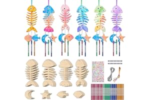 NOURDOM Windspiel Bastelset Kinder, 16tlg Fischgräte Deko Doppelseitig Holz zum Bemalen, Holz Windspiel Basteln für Draußen Hängend mit Diamant Aufkleber Handwerk Geburtstag Geschenke Kreativsets