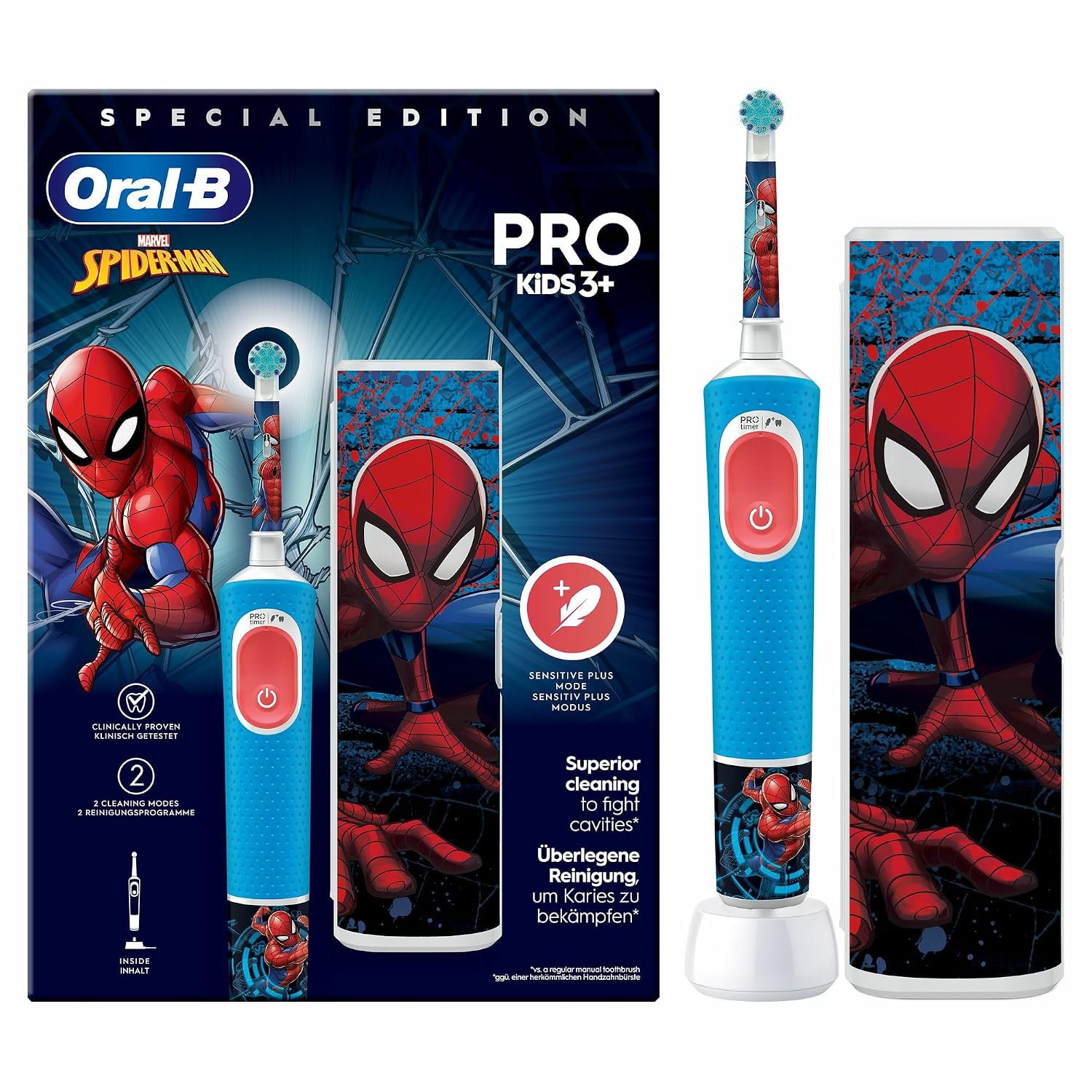 Oral-B Braun Pro Kids 1 handgreep Marvel Spider-Man, 1 borstel, 1 reisetui elektrische tandenborstel, 3 jaar en ouder